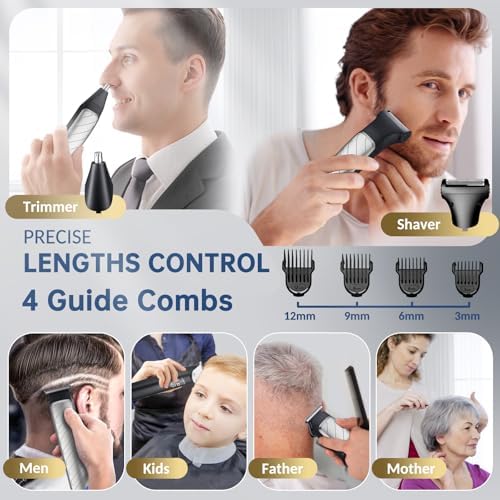 Cordless Hair & Beard Trimmer for Men, 3-in-1 Grooming Kit, with Stainless Steel Heads, Nose/Body Trimmer & Storage Base, 120Mins Long Runtime