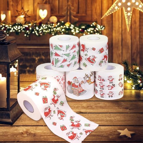 EXCEART 5 Rolls Christmas Toilet Paper, Printed Disposable Napkins Tissue for Xmas Fun Party, Novelty Gag Bathroom Decor