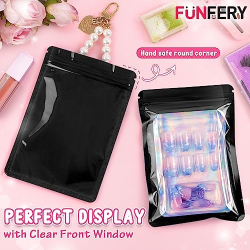 Funfery 100 Pcs Resealable Bags Clear Holographic Bags,Smell Proof Packaging Baggies,Mylar Food Storage Bag,Zipper Sealing Bag for Coffee Bean,Cookies,Jewelry Sample Small Business(Black,2.4x3.9in)