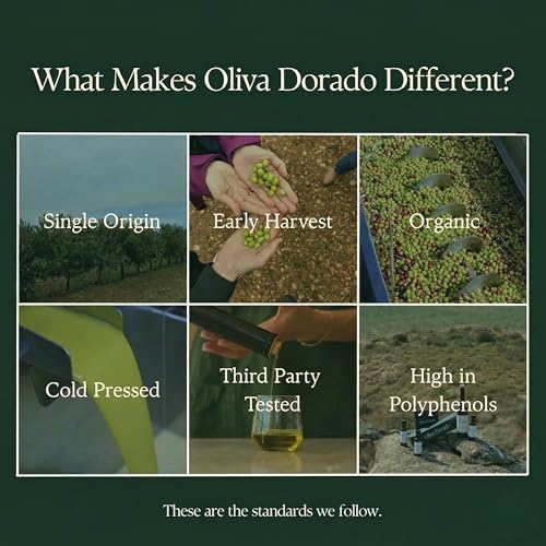 Oliva Dorado Organic Extra Virgin Olive Oil, 100% Unrefined & Cold Pressed, Made from Polyphenol Rich Arbequina Olives, Single Origin, Early Harvest Spanish Olive Oil, EVOO Glass Bottle (500mL)