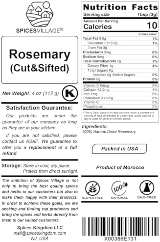 SPICES VILLAGE Dried Rosemary Leaves [ 4 oz ] – Cut & Sifted Natural Dried Rosemary Spice for Cooking and Tea, Pure Mediterranean Seasoning - Kosher, Gluten Free, Vegan, Non GMO, Resealable Bulk Bag