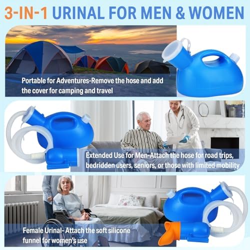 ONEDONE Urinals for Men Women - Portable Urine Bottle Spill Proof Female Urinals Pee Bottle w/Separate Urine Outlet Soft Funnel 68 OZ Urinal for Women Hospital Home Camping Leakproof 47" Long Tube