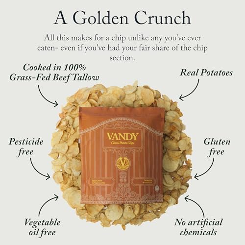 Vandy Crisps Potato Chips - Seed Oil Free Snacks - Gluten Free Potato Chip - Made with Potatoes, Grass-Fed Beef Tallow, Sea Salt, & French Onion Blend - 6 Pack, 5 Ounce Each (French Onion)