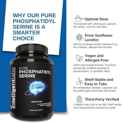 Intelligent Labs Phosphatidylserine Supplement 100mg, 90 High Strength Capsules, 100% Soy and Allergen-Free, Pure Phosphatidylserine from Sunflower Lecithin