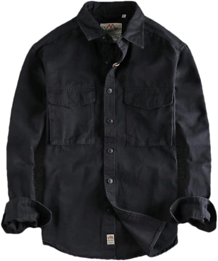 Cargo Shirt for Men Long Sleeve Cotton Solid Color Washing Lapel Boyfriend Shirt Jacket