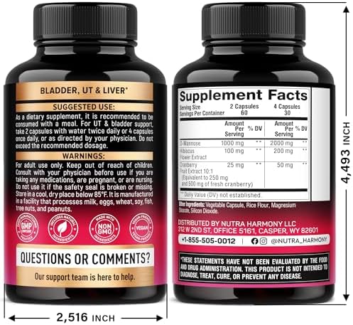 D-Mannose 2000mg with Cranberry & Hibiscus - Clinically Tested Strength for Urinary Tract Health - Supplement for Women - Bladder, Liver & Microflora Support - Made in USA - Vegan, 120 Capsules