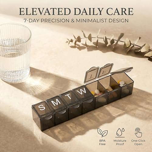 Weekly 7-Day Pill Organizer with Braille, Portable Medicine and Vitamin Planner Storage Box with Medium Compartments,Easy to Use,for Supplements and Fish Oils, Travel Friendly,BPA Free
