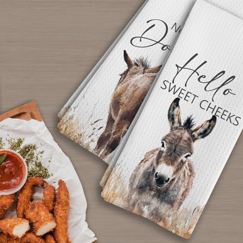 Donkey Gifts Funny Hand Towels Set of 2, Hello Sweet Cheeks Not Today Donkey Botanical Decorative Hand Towels for Bathroom Decor, Funny Farmhouse Bathroom Decor, Dish Cloths & Dish Towel