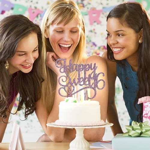 Happy Sweet 16 Cake Topper, Sweet 16 Birthday Decorations, Happy 16th Birthday Decorations for Girls/Boys Purple Glitter