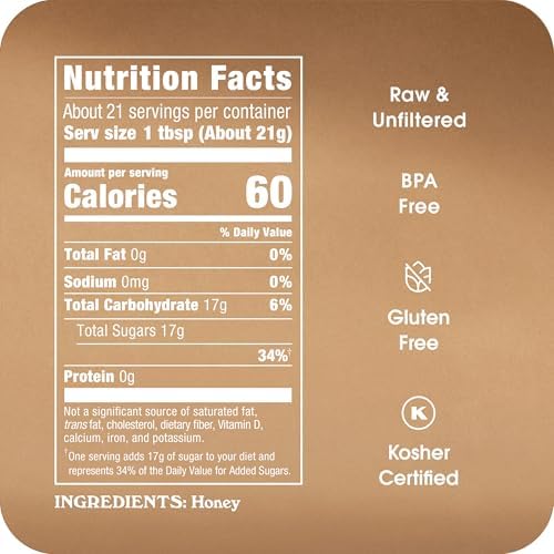 Honey In The Raw, 16 oz Squeeze Bottle, Pure Raw Honey, Unfiltered, No Additives, Gluten and BPA Free, for Coffee, Tea, Yogurt, Baking and More