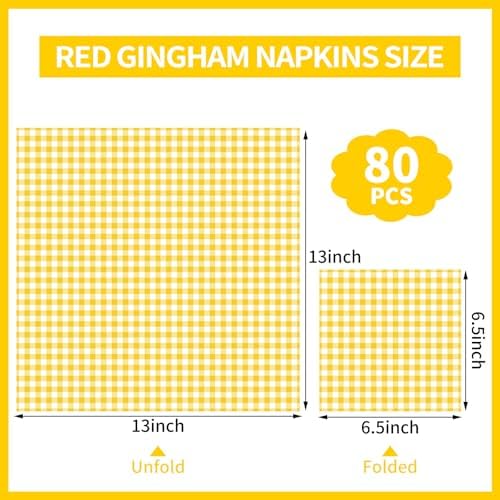 80 Pcs Gingham Napkins, 6.5X6.5 Inch Easter Paper Napkins Disposable Yellow and White Plaid Napkin for Spring, Masters Party, Picnic