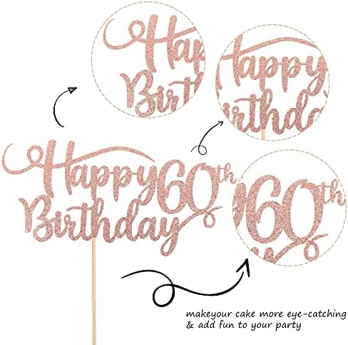 Rsstarxi 1 Pack Happy 60th Birthday Cake Topper Rose Gold Glitter Cheers to 60 years Cake Pick 60th Birthday Decorations for Women 60 Fabulous Birthday Celebrating Anniversary Party Supplies.