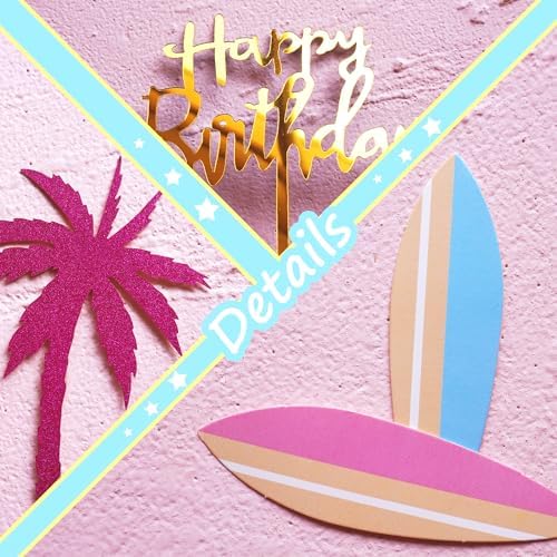 Summer Hawaiian Cake Topper with Beach Ball Sun Umbrella Goggles Beach Cake Decorations for Summer Holiday Theme Birthday Supplies (Surfboard)