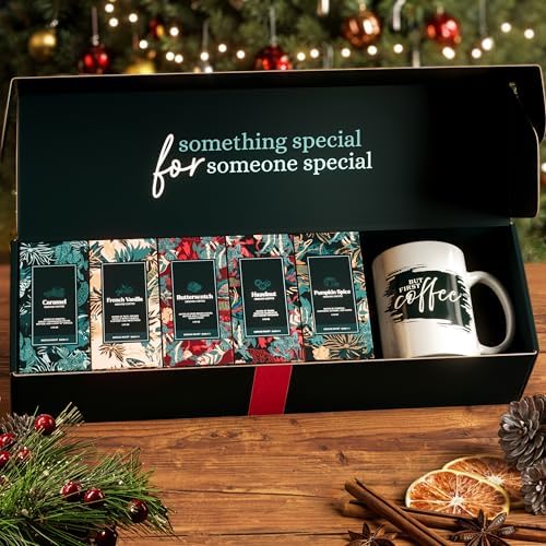 Coffee Gifts Set For Women & Men - Includes 5 Ground Coffee Flavors and Mug - Unique Christmas Gift Set for Women and Men