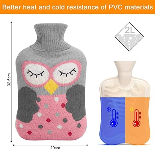 Hot Water Bag Hot Water Bottle 2 Liter Heat Up and Refreezable Hot Cold Pack with Knit Cover for Pain Relief Hot Cold Therapy, Cartoon Owl