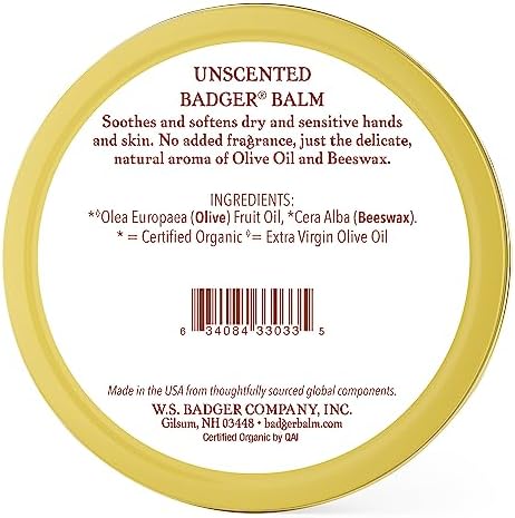 Badger Balm Unscented, 100% Organic Olive Oil & Beeswax, Fragrance Free Hand Cream, Long Lasting Sensitive Skin Moisturizer, 2 oz Tin