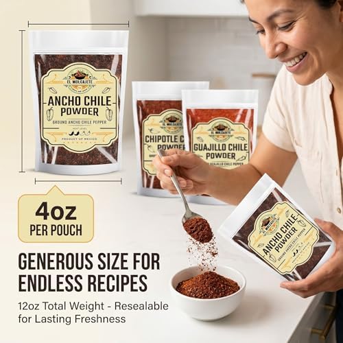 Chile Powder Ancho, Guajillo, Chipotle Variety Pack (4oz Each) – Dry Chili Pepper Powders for Traditional Mexican Cooking, Bold Flavors for Sauces, Marinades and Rubs By El Molcajete