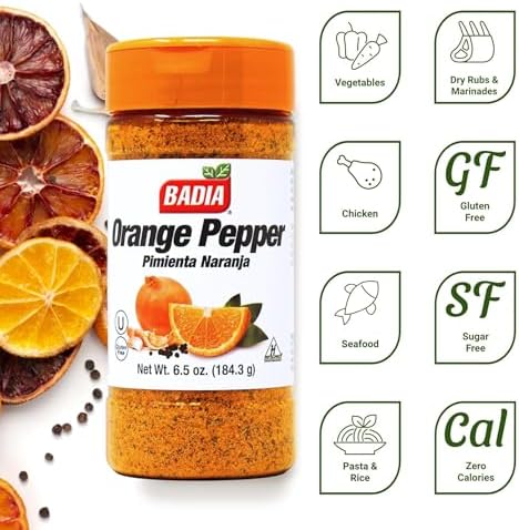 Badia Orange Pepper Seasoning, 6.5 oz - Pepper, Garlic & Onion, Zesty Citrus Blend for Chicken, Seafood & Vegetables