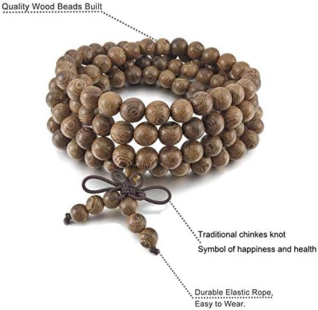 K&Q 9 Pcs Mens Womens Wood Chain Bracelets, Handmade Multilayer 8MM 108 Buddhist Strand Wood Mala Beaded Elastic Bracelet Necklace-Meditation Prayer Beads for Yoga, Spiritual Protection & Good Luck