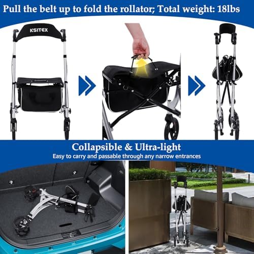 Rollator Walkers for Seniors,Rolling Walker with Backrest 300lbs, Folding Walking Aid with Seat and Brakes, Aluminum Heavy-Duty Drive Walker with Adjustable Handles, 8" All-Terrian Big Wheels