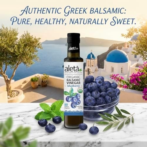 Aleta Farms Balsamic Vinegar, Greek Organic Blueberry Infused Aged Balsamic Vinegar, USDA Organic, Perfect for Salad Dressings, Pasta, Desserts & Cocktails, Glass Bottle, 8.45 fl oz (Blueberry)