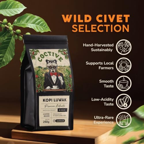 Kopi Luwak Civet Coffee Beans (8.8 oz) - World's Most Expensive Coffee, Wild-Harvested, From Gayo Sumatra Indonesia- Luxury Gift Set
