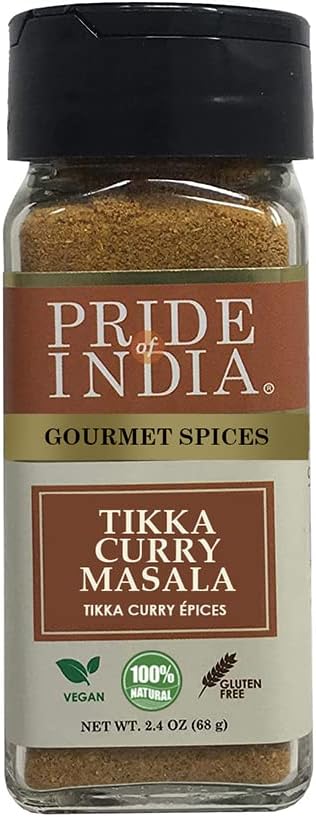 Pride of India – Tikka Curry Masala Seasoning Spice – Gourmet Curry Mix – Ideal for Vegetarian and Meat Dishes – Natural & GMO Free – Easy To Use - 2.4 oz. Small Dual Sifter Bottle