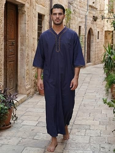Mens Kaftan Thobe V-Neck Half Sleeve Muslim Robe Dubai Long Gown Saudi Arab Thobe Robes for Summer Beach