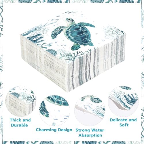 100Pcs Coastal Turtle Paper Napkins 3-ply 6.5'' x 6.5" Disposable Ocean Blue Sea Turtles Dinner Size Napkins Coral Starfish Square Beverage Napkin for Beach Holiday Lunch Dinner Party Kitchen Supplies