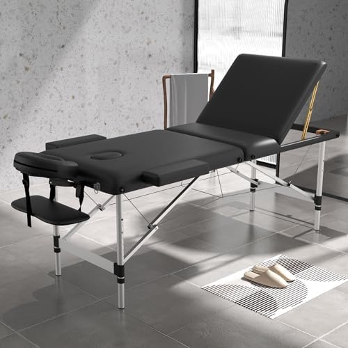 HENGJIANYI Massage Table Massage Bed, Portable 3 Section Foldable Tattoo Bed, Height Adjustable Lash Spa Bed with Face Cradle, Home Light Weight Facial Salon Bed with Aluminum Frame, Black