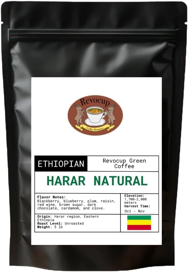 Ethiopian Harar Natural Green Coffee Beans – Unroasted Specialty Grade Heirloom Arabica | Wild, Winey, Bold & Fruity Flavor | High-Altitude Grown | For Home Roasting | 5lb/80 Ounces