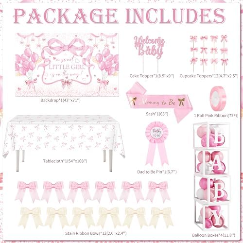143PCS Pink Baby Shower Decorations for Girl, Welcome Baby Girl Party Decorations, Coquette Pink Bow Theme Backdrop Balloon Baby Boxes Banner for Girl Birthday Baby Shower Decor