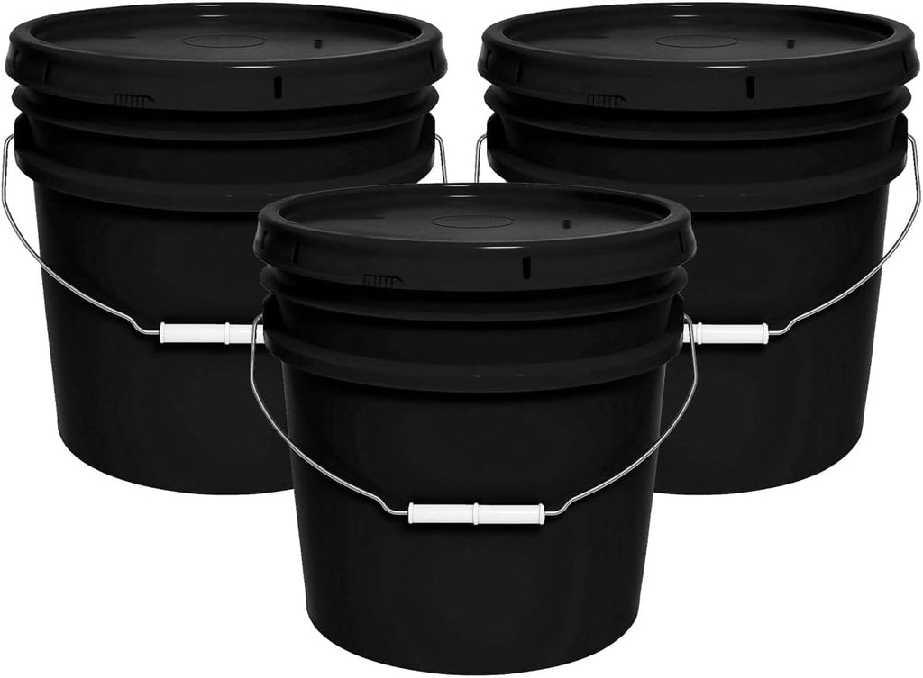 3.5-Gallon Bucket with Airtight Lid – Made in USA, Food Grade BPA Free Plastic, Heavy Duty Multi-Use, Metal Handle with Grip, Stackable Storage – Black, 3 Pack
