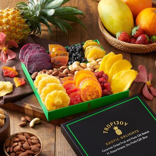 Dried Fruit Gift Basket – 11 Tropical Flavor Exotic Dried Fruit Basket Gift | 20oz Soft Mixed Dried Fruit and Nuts Gift Basket Dry Fruits Gift Box | Healthy Food Gifts Food Gift Baskets for Women, Mom