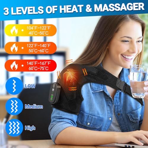 Cordless Heated Shoulder Massager, Portable Shoulder Brace Heating Pad with 3 Heat & Vibration Heated Shoulder Wrap Brace for Men Women