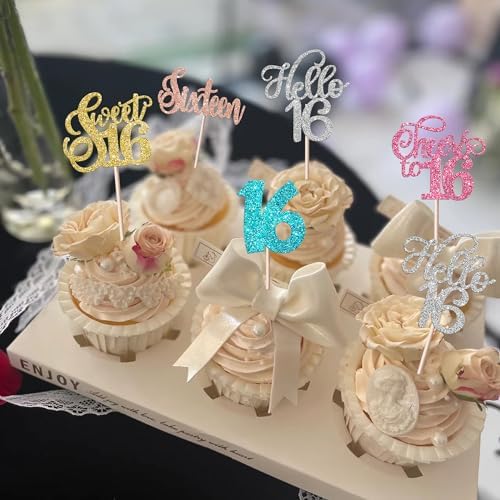 Rsstarxi 30 Pack 16th Birthday Cupcake Toppers Glitter Sixteen Sweet 16 Cupcake Picks Cheers to 16 Years Sweet 16 Birthday Cake Decorations for Hello 16th Birthday Anniversary Party Decors Multi