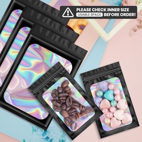 Funfery 100 pcs Black Mylar Holographic Bags Packaging Bags,Clear Resealable Bag Foil Pouch Bag for Food Storage and Lipgloss,Jewelry,Eyelash Packaging for Small Business(2.4x3.9Inch)