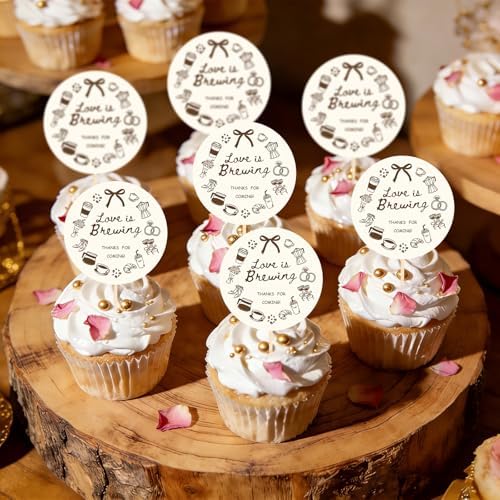 JarThenaAMCS 24 Pcs Love is Brewing Cupcake Toppers Bridal Shower Cupcake Decorations Brown Coffee Cake Toppers for Wedding Birthday Bachelorette Party Decor Supplies