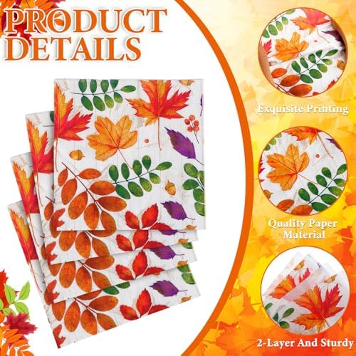Feifeiya 60 Pcs Fall Leaves Cocktail Paper Napkins 6.5 x 6.5 Inches Autumn Maple Leaf Disposable Paper Napkins for Decoupage Party Thanksgiving Autumn Harvest