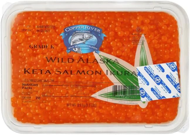 Wild Alaskan Keta Salmon Red Caviar, Copper River Seafoods, Kosher Whole Salmon Chum Roe/Ikura, 500g/1.1lb (Pack of 2)