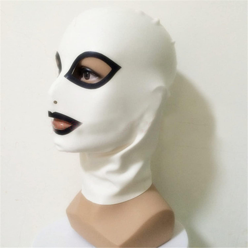 White Latex Hood with Black Trim Back Zipper Open Eyes Mouth Rubber Mask Club Wear Costume