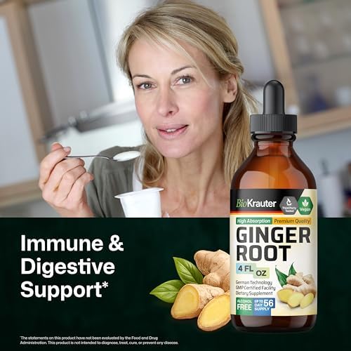 BIO KRAUTER® Ginger Root - Liquid Drops Ginger Extract 655 mg per Serving 4 Fl.Oz 56-Day Supply - Pure Vegan Zingiber Officinale for Digestive Support & Daily Wellness - Alcohol & Sugar Free
