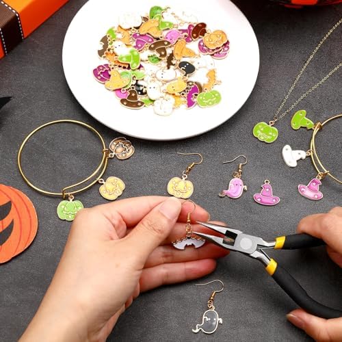 60Pcs Halloween Charms, Halloween Decorations Charms for Jewelry Making, Mixed Pumpkin Ghost Bat Witch Hat Enamel Pendants for Bracelets Necklaces Earrings Making and Crafting