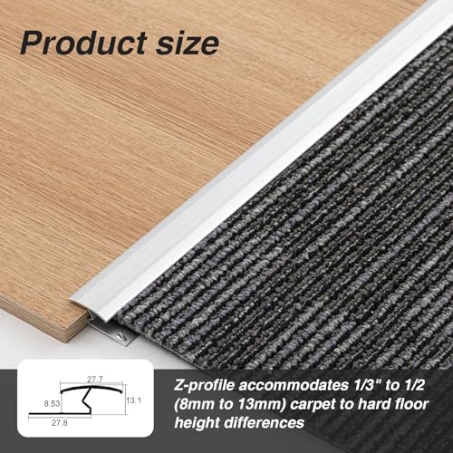Zonon 36 Inch Aluminum Alloy Z-Shape Floor Transition Strip, Carpet to Tile/Laminate/Wood Floor,Cuttable Edge Trim Strip Protection Cover for Home Office Bedroom Doorways, Waterproof & Rust-Resistant