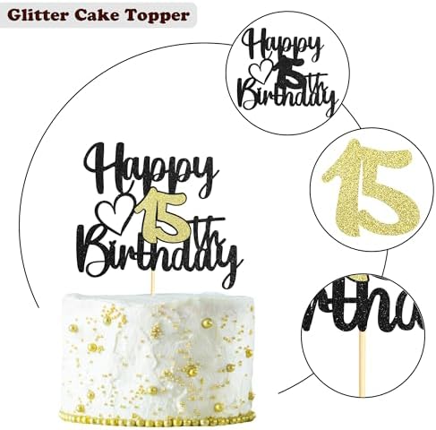 Sumerk 1 PC Happy 15th Birthday Cake Topper Gold Happy Birthday Cake Decorations for Women Men 15th Birthday Cake Toppers Cake Decoration for Birthday Anniversary Party