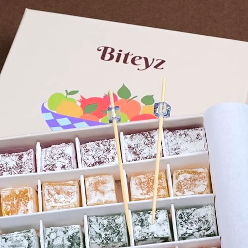 Biteyz Original Turkish Delight, Vegan Candy Gift Box - Assorted Gourmet Fruit Snacks with Lemon, Apple, Orange, Pomegranate, and Raspberry Flavors, 36 Pieces of Luxury Handmade Vegan Treats