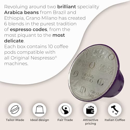 Grano Milano - 50 Espresso Pods Compatible with Nespresso Original line, Medium Roast - Intensity 9/12, Coffee Capsules Made in Italy Espresso Coffee