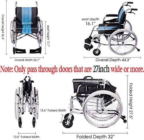 Lightweight Wheelchair 21lbs Self-propelled Chair with Travel Bag and Cushion, Portable 17.5” W Seat, Brake, Anti-Tipper, Swing-Away Footrests, 220lbs Weight Capacity, Blue (Pack of 1)