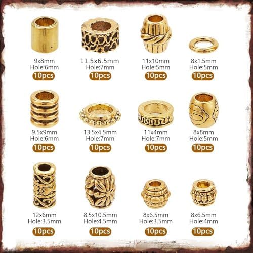 NBEADS 120 Pcs Alloy Hair Bead, 12 Styles Tibetan Gold Spacer Beads Large Hole Dreadlock Beads Beard Beads Metal Loose Beads for Hair Braids Decoration Bracelet Necklace Jewelry Making, Hole: 3.5~7mm