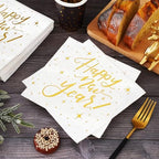 Whaline 80 Pack New Year Napkins 6.5 x 6.5 Inch White Gold Foil Disposable Napkins Happy New Year Dinner Napkins Decorative Holiday Party Paper Napkins for New Year Christmas Party Supplies
